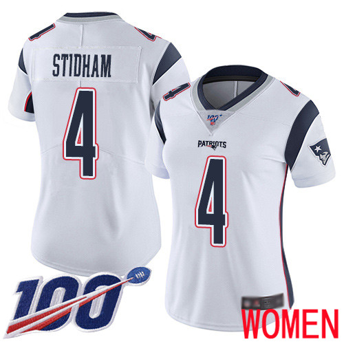 New England Patriots Limited White Women 4 Jarrett Stidham Road NFL Jersey 100th Season